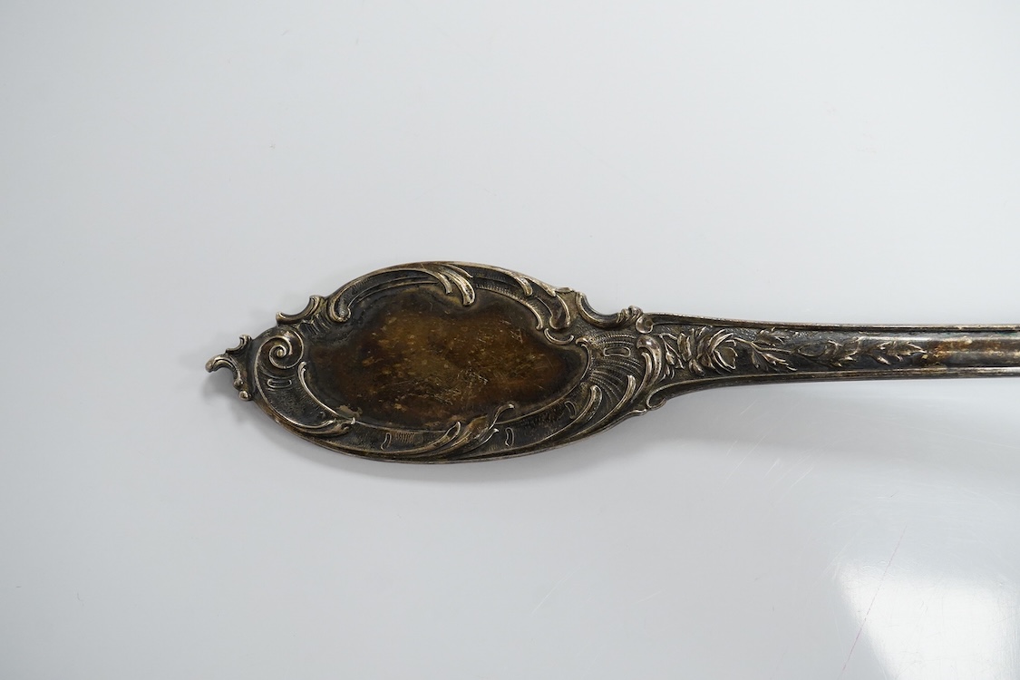 A German 800 standard white metal soup ladle, 36.3cm, 8.7oz.